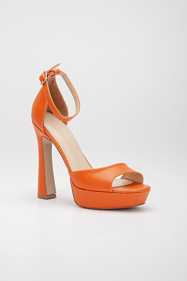 Kadın Turuncu Cilt Tek Bant Özel Üretim Kaplama Ökçe Platform Topuklu Ayakkabı - Topuk 12 cm - 5