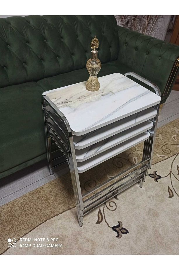 Zigon Sehpa Tepsi Zigon Model Nikelaj Kaplama Metal Ayaklı Beyaz Kahve Mermer Desen - 1