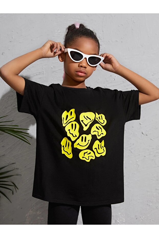Kids Smile Emoji Printed Oversize Black Children's T-shirt