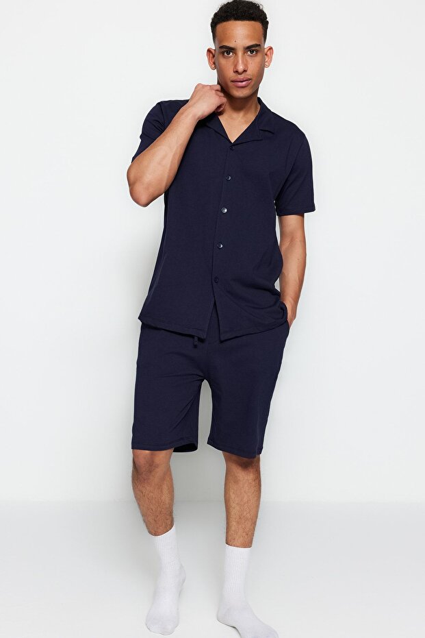 Navy Blue Unisex Regular Fit Apache Collar Shorts Pajamas Set TMNSS23PT00007 - 1