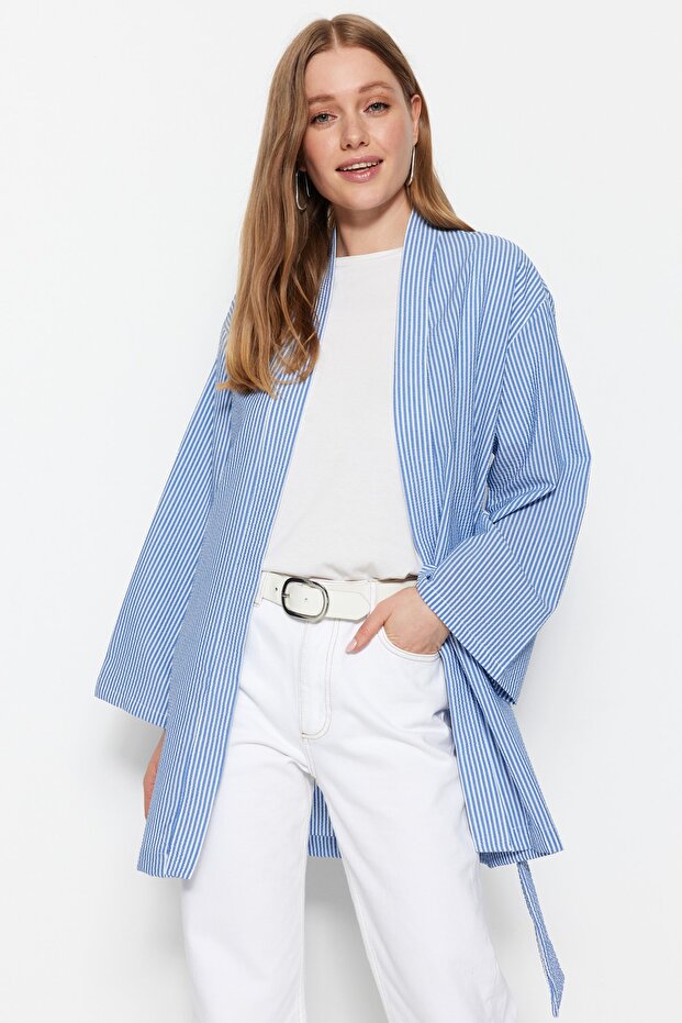 Mavi Kuşaklı Dokuma Gofre Çizgili Kimono & Kaftan TCTSS23KK00001 - 7