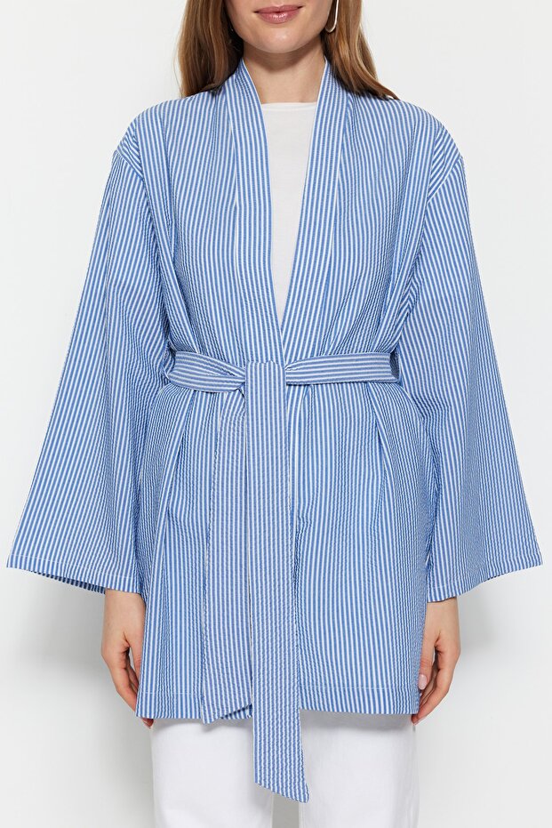Mavi Kuşaklı Dokuma Gofre Çizgili Kimono & Kaftan TCTSS23KK00001 - 8