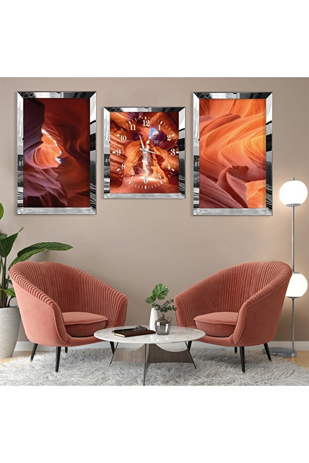 Cave Abstract Pattern Silver Plexi Edge Triple Mdf Table Set and Clock Set