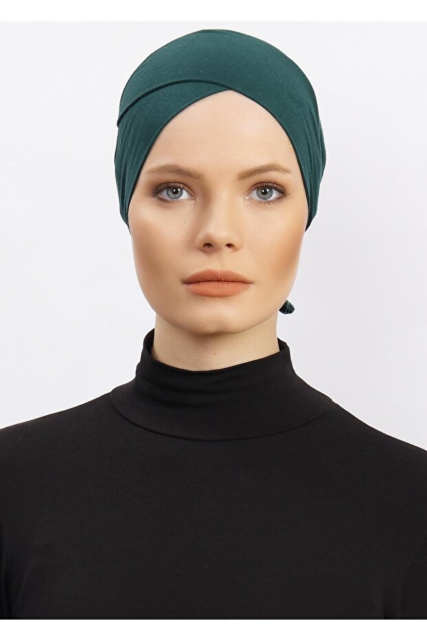 Women's Cross Bonnet Hijab Ready Non-Slip Turban Hijab Practical Non-Slip Elastane Bonnet - Emerald