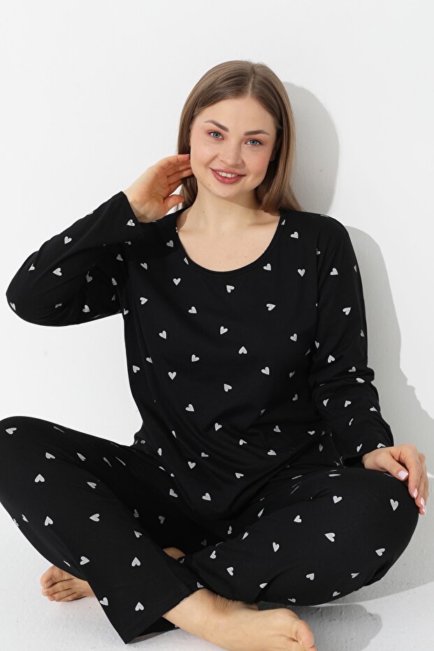 Set bavlněného pyžama se vzorem černého srdce Curve Plus Size King Size - 1