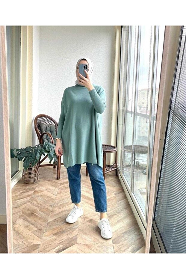 Women's Blue Half Turtleneck Knitwear Poncho Sweater Tunic