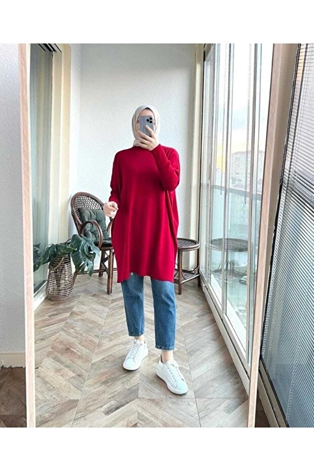 Women's Blue Half Turtleneck Knitwear Poncho Sweater Tunic