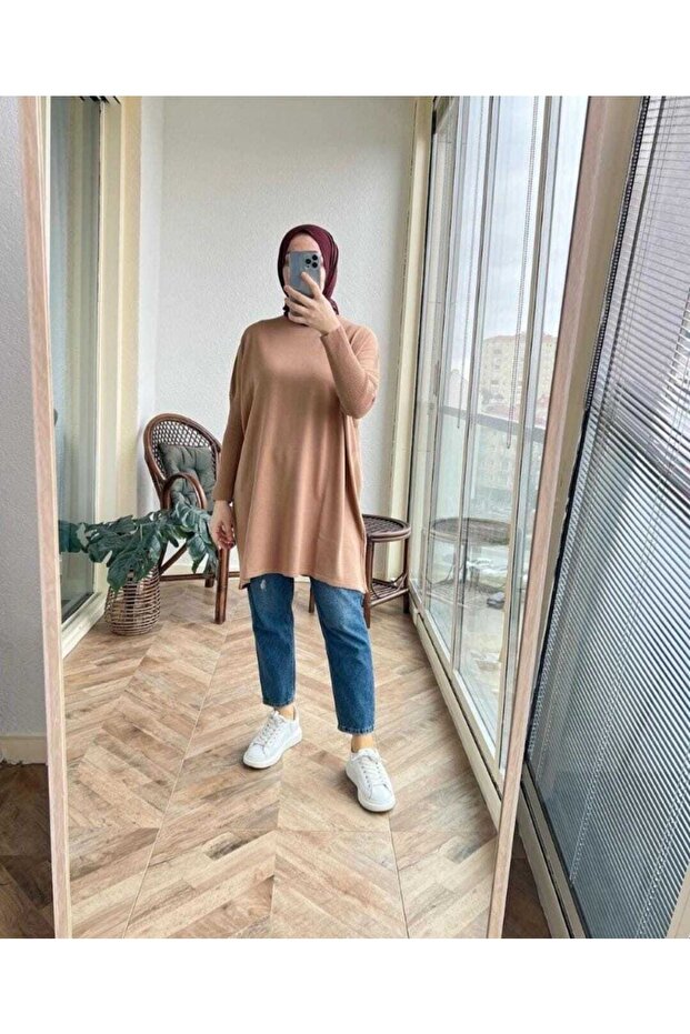Women's Blue Half Turtleneck Knitwear Poncho Sweater Tunic
