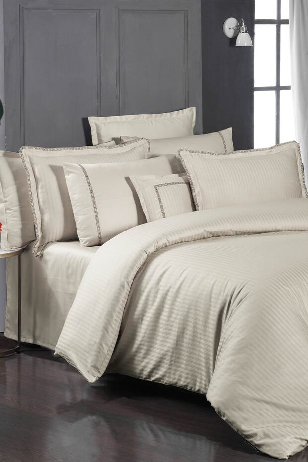 طقم غطاء لحاف من الساتان القطني 100% من Jacquard Beige King Size