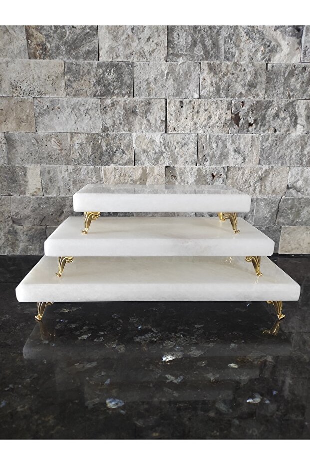 Marble Presentation Bowl & Standing Presentation Plate & Set of 3 Silver Detail