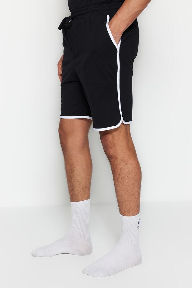 Siyah Regular Fit Bisiklet Yaka Kol Şeritli Şortlu Pijama Takımı TMNSS23PT00001 - 7
