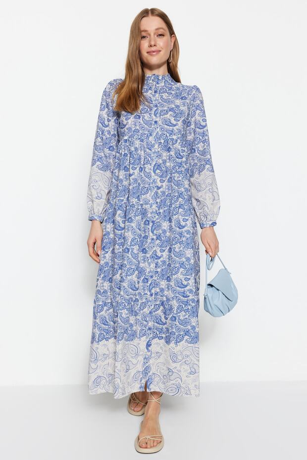 Blue Ethnic Patterned Mandarin Collar Linen-Look Woven Shirt Dress TCTSS23EB00286