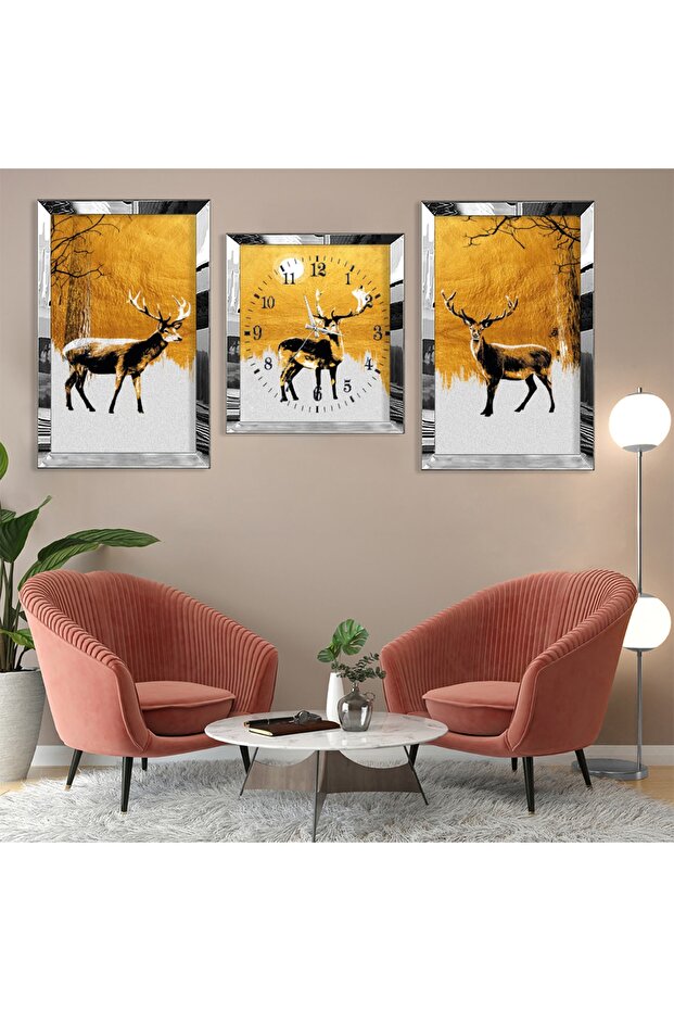 Deer Abstract Pattern Silver Plexi Edge 3-Piece Mdf Table and Clock Combination