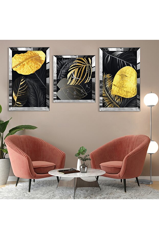 Abstract Pattern Leaf Silver Plexi Edge Triple Mdf Table Set And Clock Set