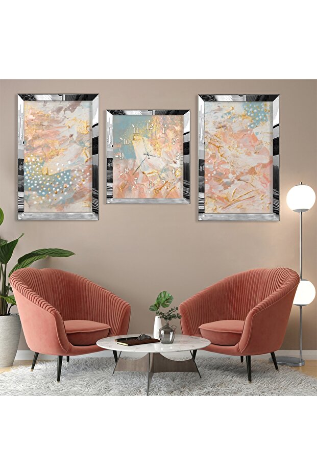 Abstract Pattern Silver Plexi Edge Triple Mdf Table Set and Clock Set