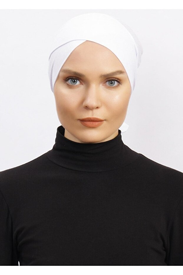 Women's Cross Bonnet Hijab Ready Non-Slip Turban Hijab Practical Non-Slip Elastane Bonnet - White