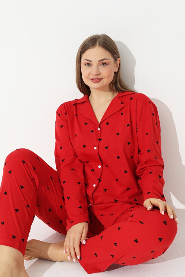 Red Curve Plus Size Buttoned Cotton Pajama Set - 1