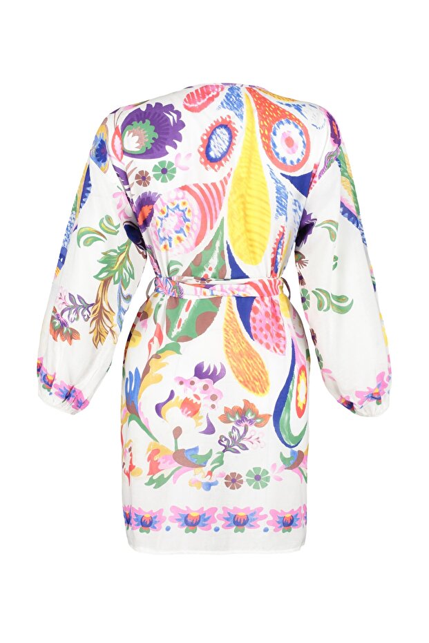 Çiçek Desenli Dokuma %100 Pamuk Plaj Mini Kuşaklı Kimono&Kaftan TBESS22KM0022 - 8