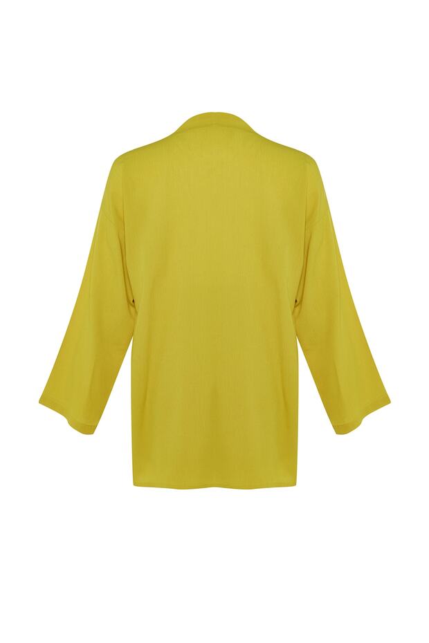Yağ Yeşili Dokuma Plaj Mini Yüksek Bel Kimono-Şort Takım TBESS23AU00089 - 8