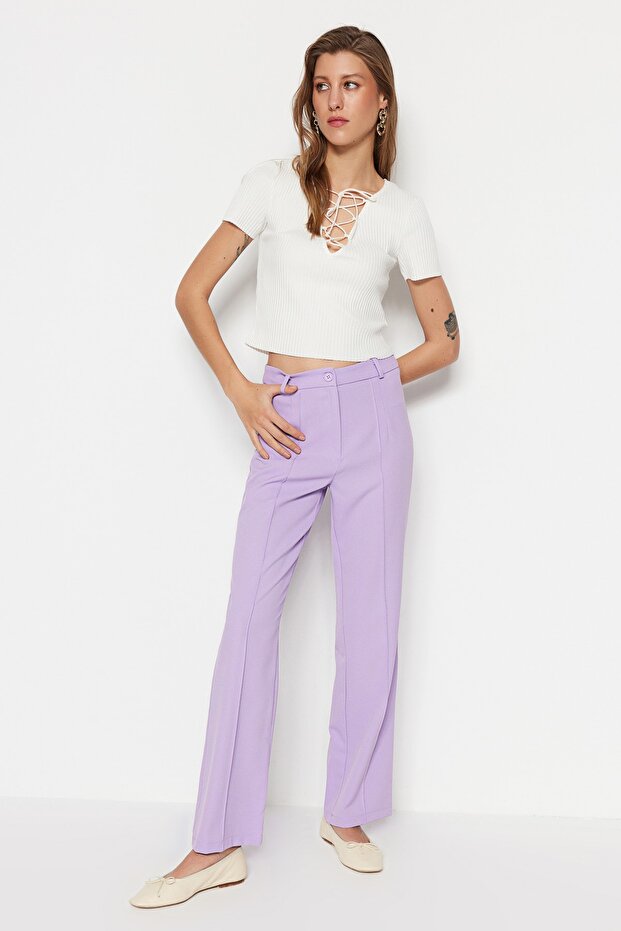 Lilac Straight High Waist Ribbed Stitched Woven Trousers TWOSS21PL0093