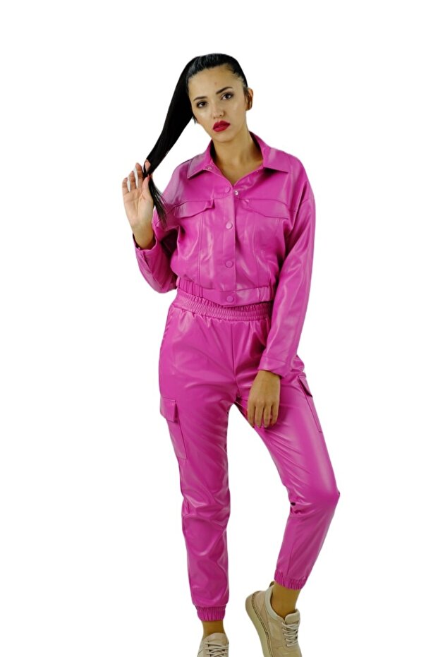 Deri Kargo Model Pantolon Pembe - 1
