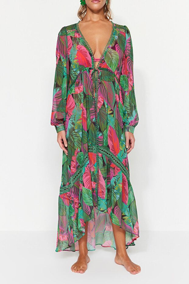 Tropikal Desenli Dokuma Şeritli Maxi Plaj Kimono&Kaftan TBESS23KM00002 - 5