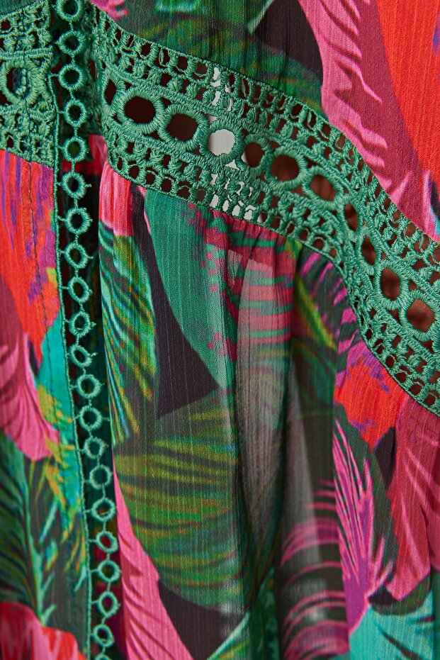 Tropikal Desenli Dokuma Şeritli Maxi Plaj Kimono&Kaftan TBESS23KM00002 - 6