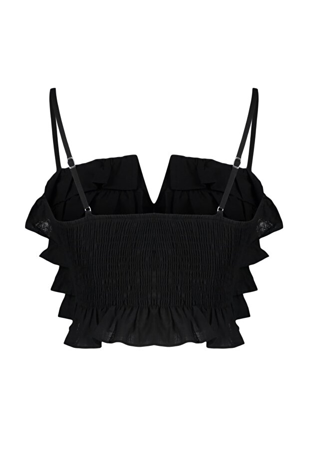Siyah Dokuma Fırfırlı Plaj Crop Bluz TBESS21BZ0661 - 8