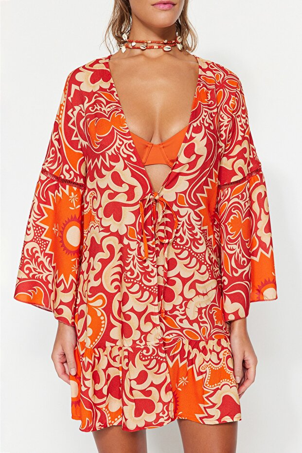 Etnik Desenli Dokuma Şeritli Plaj Mini Kimono&Kaftan TBESS23KM00032 - 4