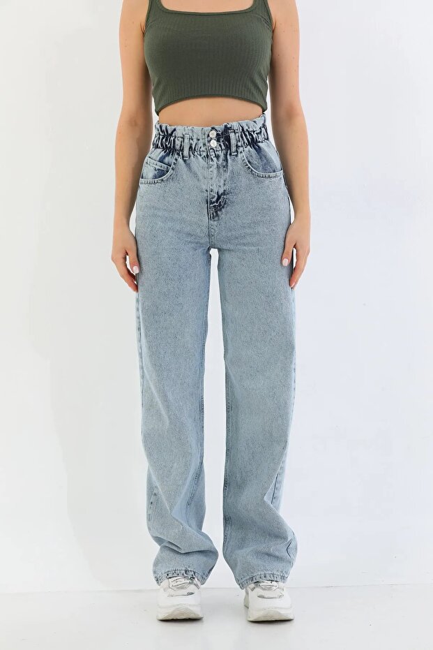 Gathered - Elastic Waist High Waist Boyfriend Wide Leg Jeans
