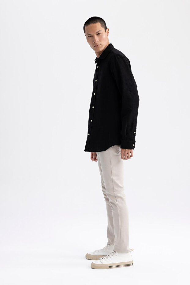 Strukturiertes Langarmhemd aus 100 % Baumwolle mit moderner Passform und Polokragen W7832az23sp - 4