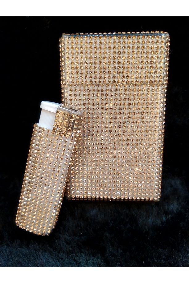 Parlak Gold Taş Kaplama Kısa Kalın Sigara Kutusu Ve Çakmak Seti - 1
