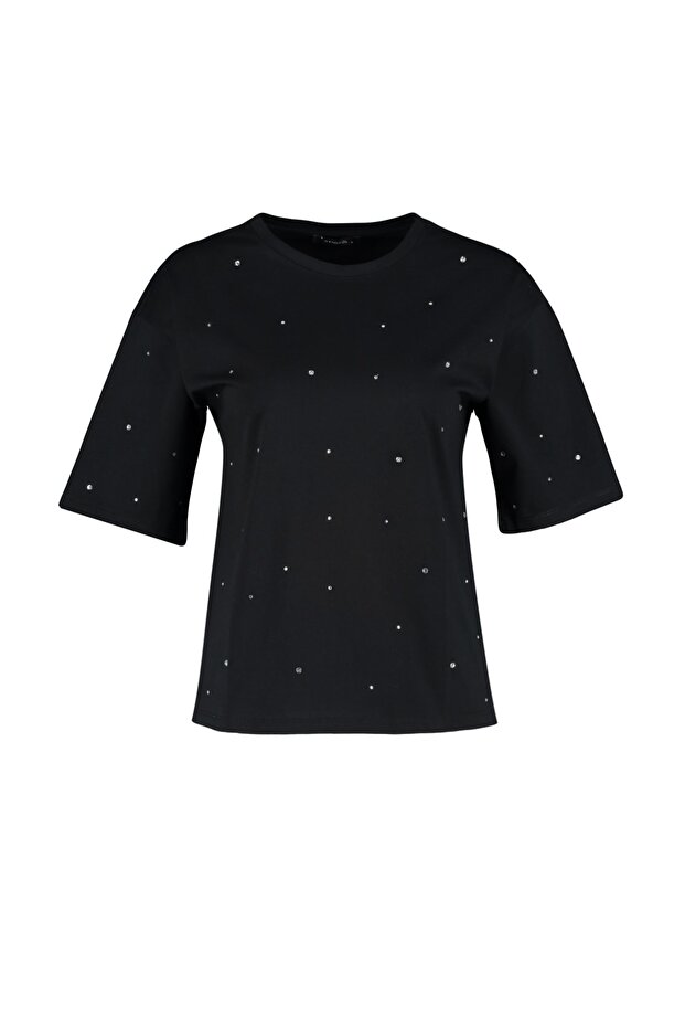 Legénységi nyakú, széles kivágású fekete kő részletes póló - TWOSS23TS00153 - 7