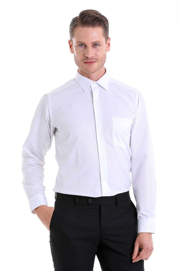 White Classic Fit Patterned Cotton Slim Collar Long Sleeve Classic Shirt