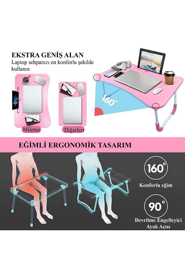 Laptop Sehpası Ders Çalışma Masası Çocuk Çalışma Yatak Sehpası Ders Masası Pembe Kp - 6