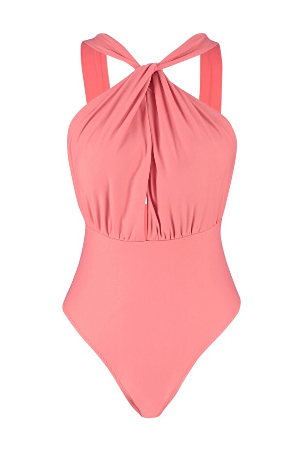 Pembe Halter Yaka Cut Out Detaylı Normal Paça Mayo TBESS23MA00319 - 7
