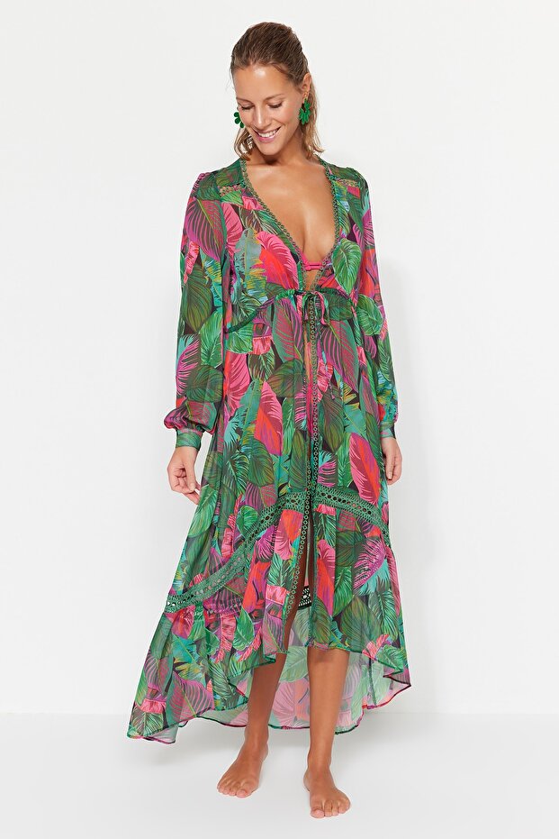 Tropikal Desenli Dokuma Şeritli Maxi Plaj Kimono&Kaftan TBESS23KM00002 - 3