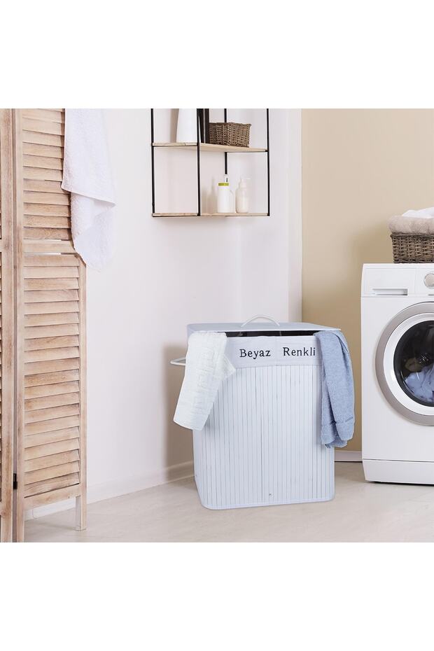 Evidea Deco&style Bambu Çift Hazneli Çamaşır Sepeti - Beyaz - 2
