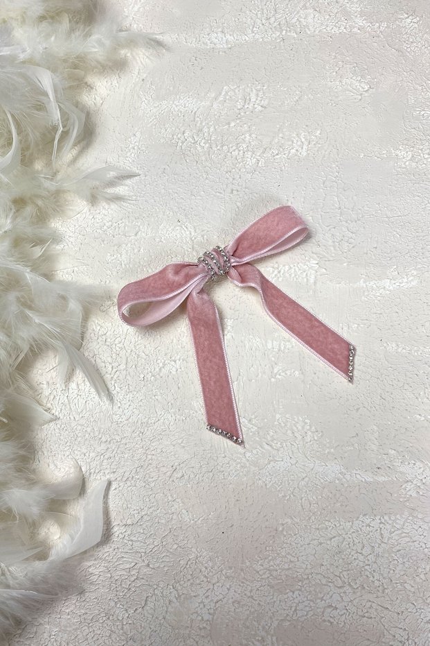 Powder Velvet Ribbon Bow Stone Hair Clip – Hairpin, Metal Hairpin, Shiny Design, Hair Ornament – Hairpin