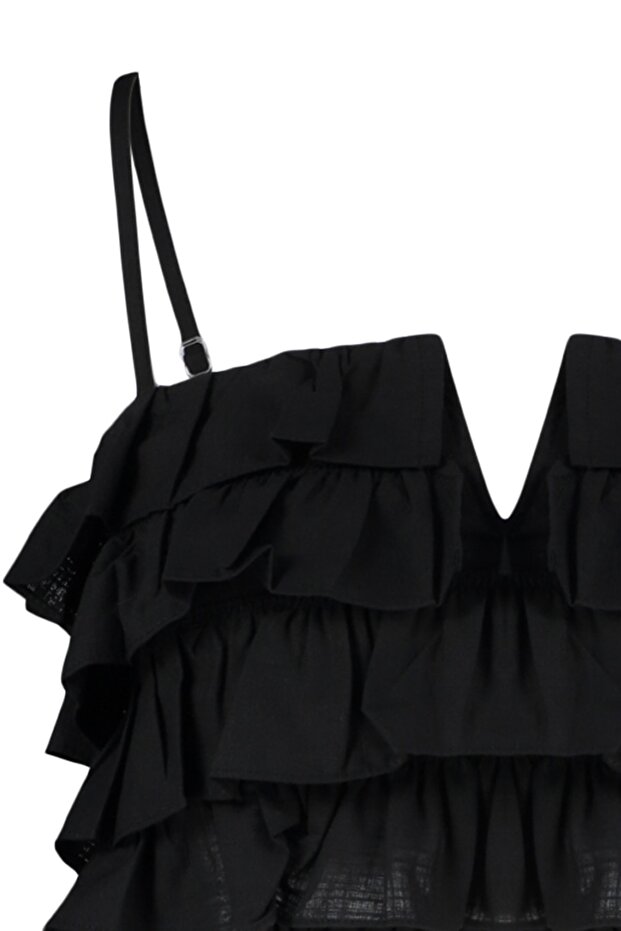 Siyah Dokuma Fırfırlı Plaj Crop Bluz TBESS21BZ0661 - 7