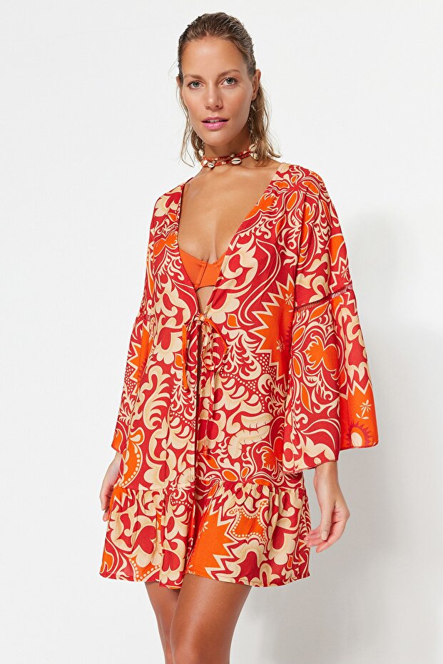 Etnik Desenli Dokuma Şeritli Plaj Mini Kimono&Kaftan TBESS23KM00032 - 3