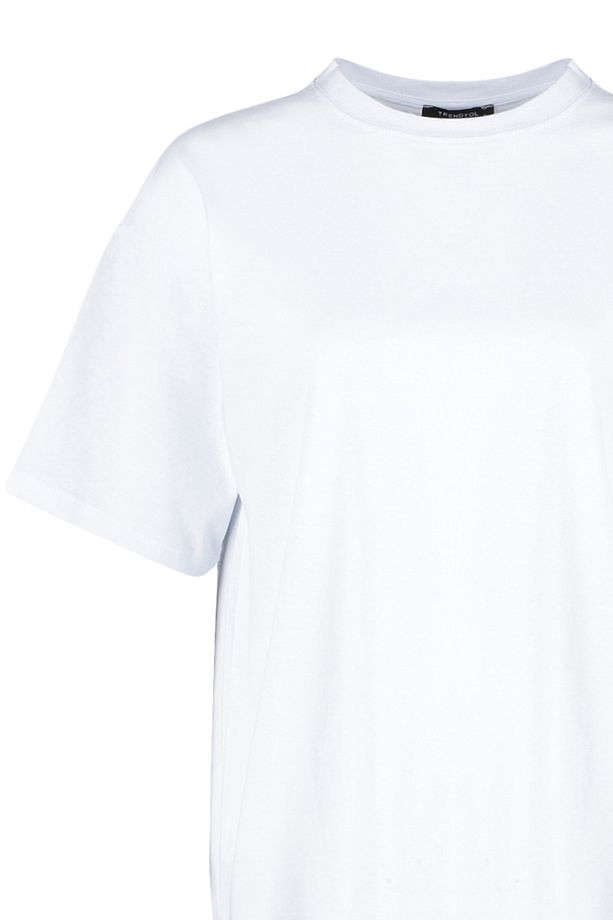 Beyaz %100 Pamuk Premium Oversize/Geniş Kalıp Bisiklet Yaka Örme T-Shirt TWOSS23TS00040 - 12
