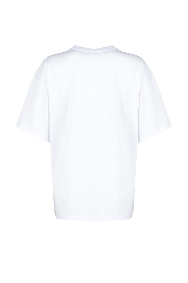 Beyaz %100 Pamuk Premium Oversize/Geniş Kalıp Bisiklet Yaka Örme T-Shirt TWOSS23TS00040 - 13