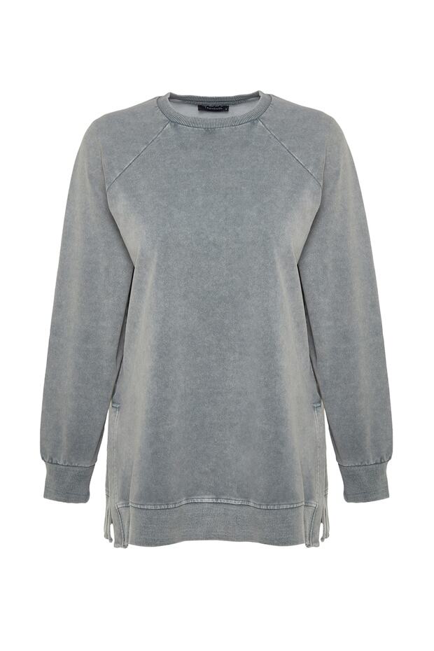 Szara bluza z dzianiny oversize z rozcięciami po bokach i przetarciami TCTSS23TW00062 - 14