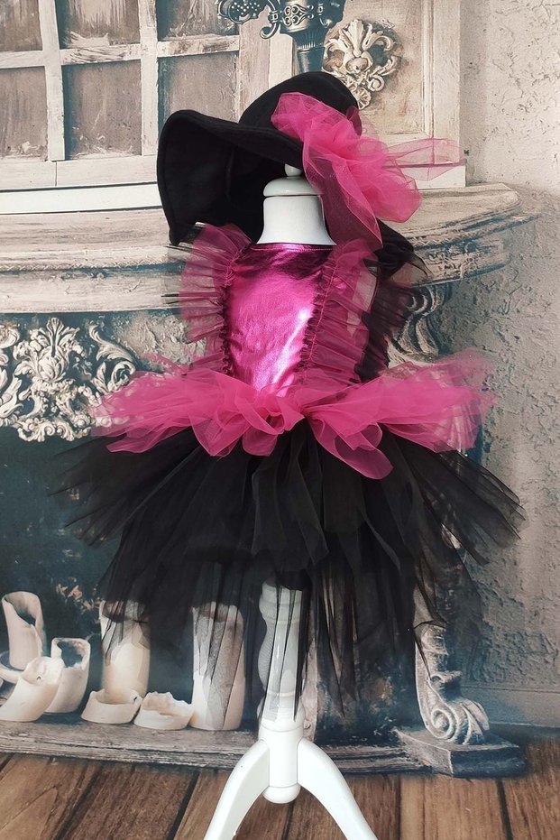 Fuchsia Black Layered Girl's Tutu Witch Dress and Hat, Birthday Dress