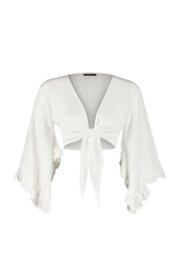 Plaj Crop Giyim Ekru Dokuma Volanlı Bluz TBESS19BB0095 - 5