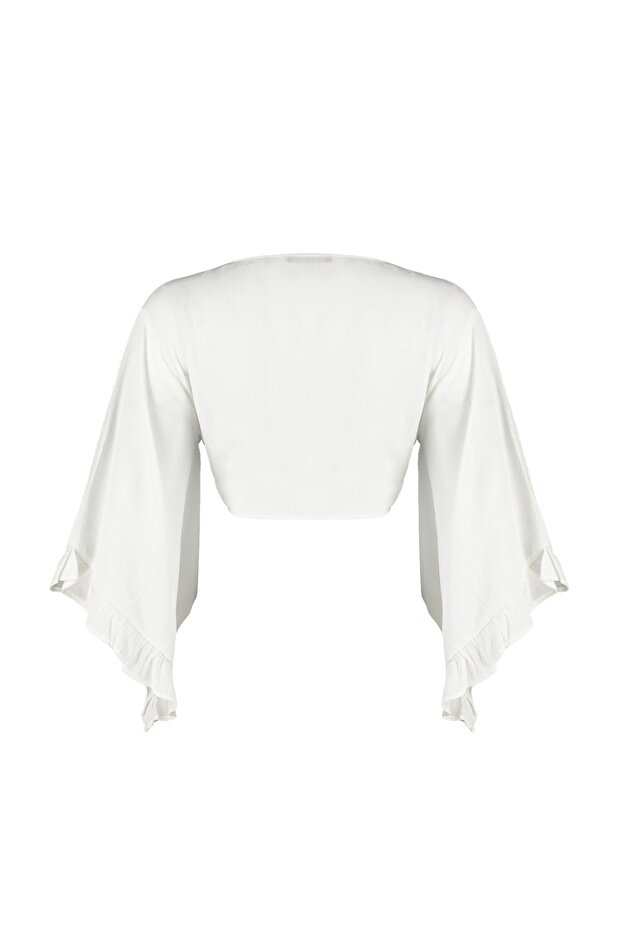 Plaj Crop Giyim Ekru Dokuma Volanlı Bluz TBESS19BB0095 - 7