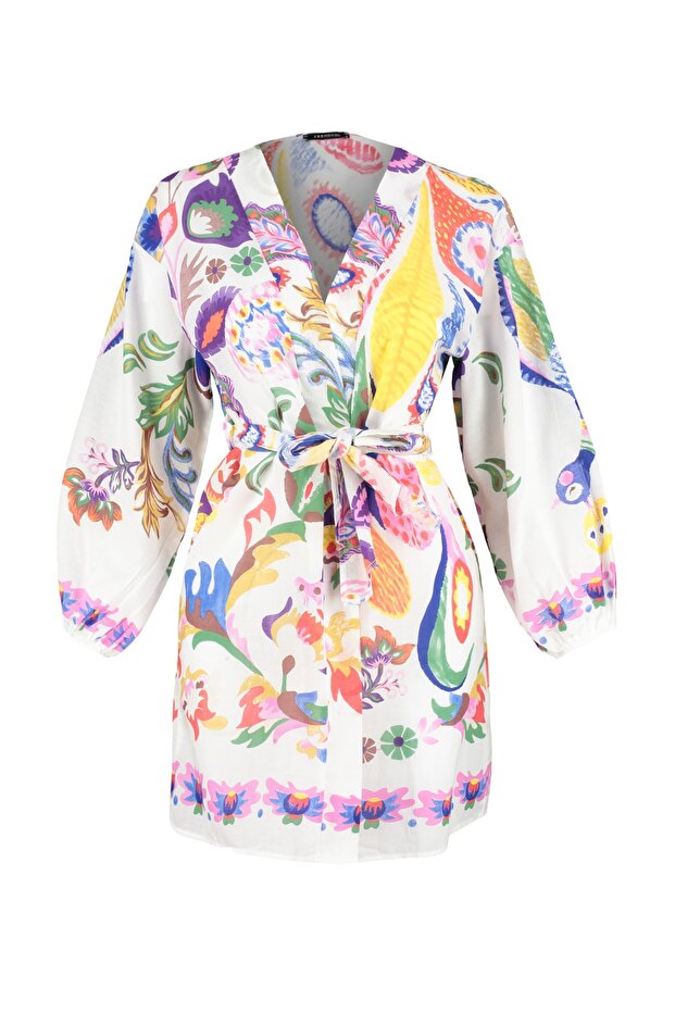 Çiçek Desenli Dokuma %100 Pamuk Plaj Mini Kuşaklı Kimono&Kaftan TBESS22KM0022 - 7