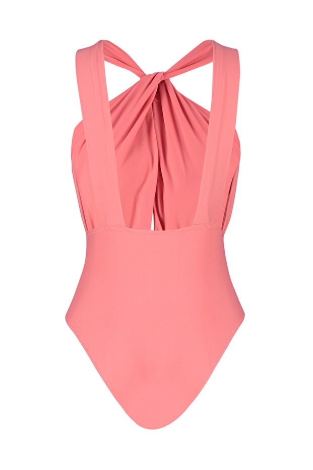 Pembe Halter Yaka Cut Out Detaylı Normal Paça Mayo TBESS23MA00319 - 8
