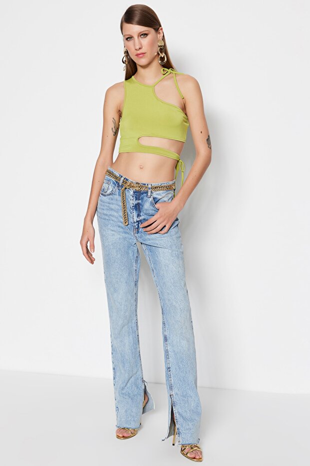 Yağ Yeşil Crop Örme Pencere/Cut Out Detaylı Bluz TPRSS23BZ00026 - 3